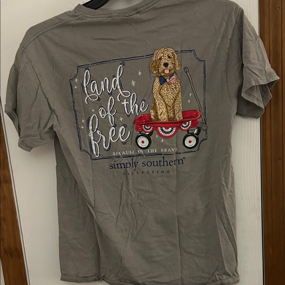 Simply Southern Gray Tee with Patriotic Dog and Wagon